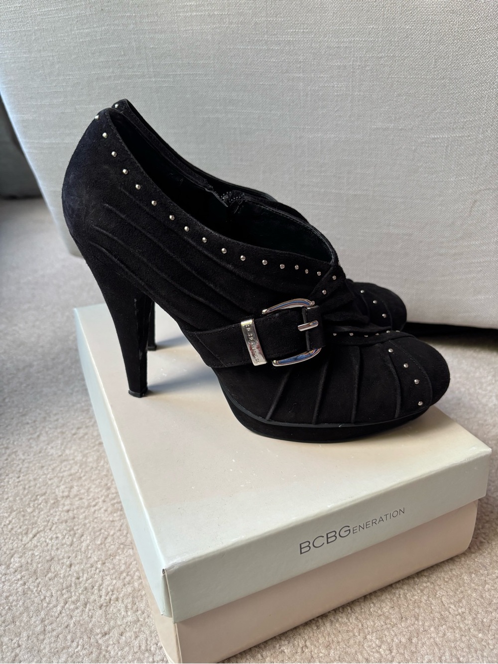 BCBGeneration Black Suede Studded Buckle High Heel Booties